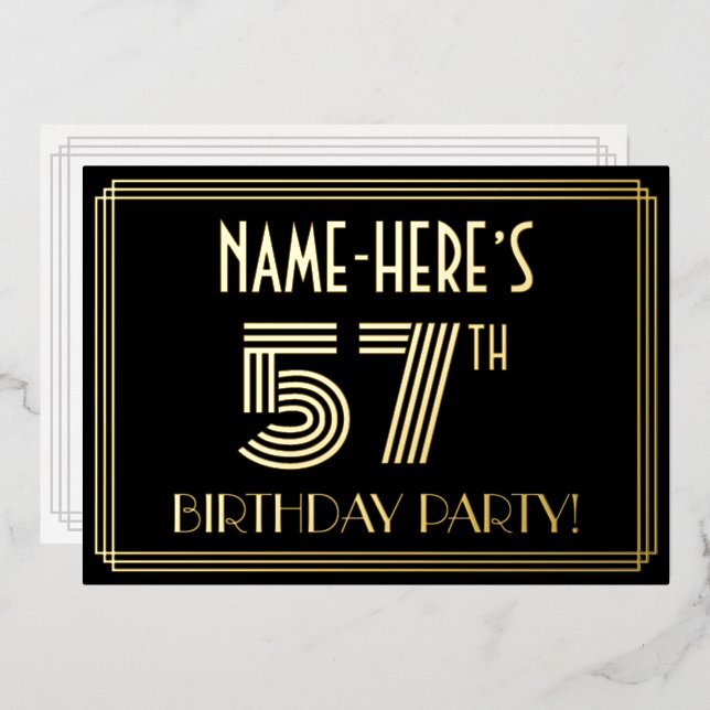 57th Birthday Party — Art Deco Style “57” + Name Foil Invitation (Front/Back)