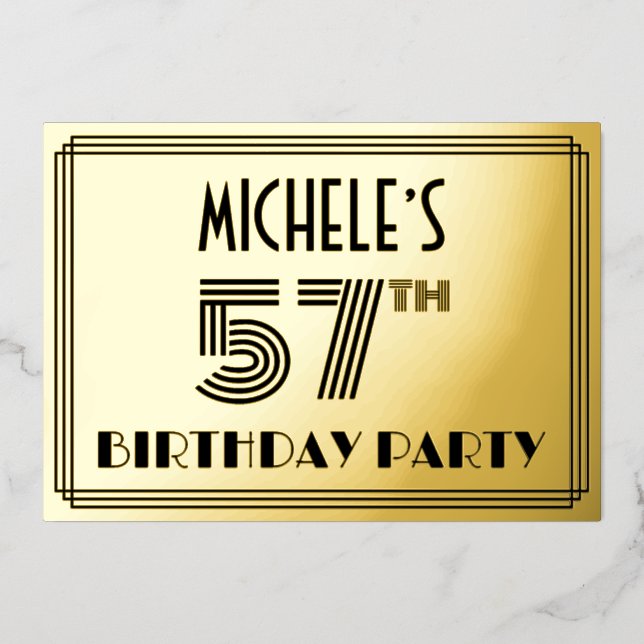 57th Birthday Party — Art Deco Style “57” & Name Foil Invitation (Front)