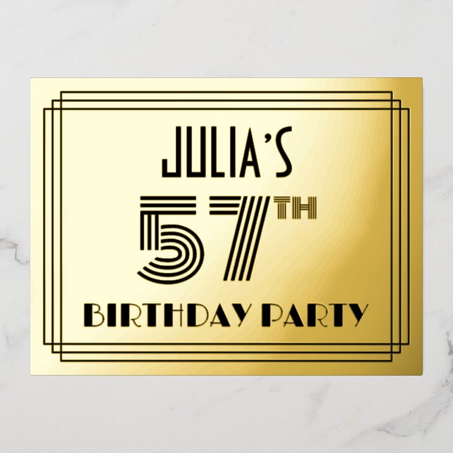 57th Birthday Party ~ Art Deco Style “57” + Name Foil Invitation Postcard (Front)