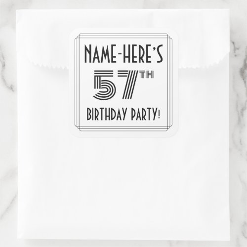 57th Birthday Party Art Deco Style  Custom Name Square Sticker