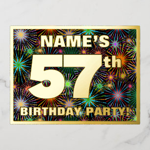 57th Birthday Party: Bold, Colorful Fireworks Look Foil Invitation Postcard