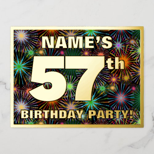 57th Birthday Party Bold Colorful Fireworks Look Foil Invitation Postcard