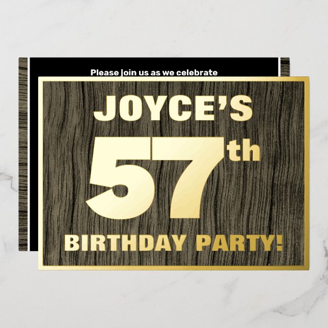 57th Birthday Party: Bold, Faux Wood Grain Pattern Foil Invitation (Front/Back)
