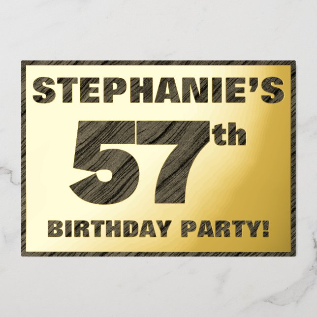 57th Birthday Party — Bold, Faux Wood Grain Text Foil Invitation (Front)
