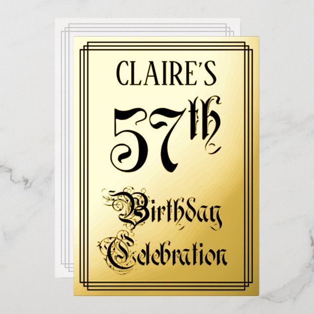 57th Birthday Party — Elegant Script + Custom Name Foil Invitation (Front/Back)