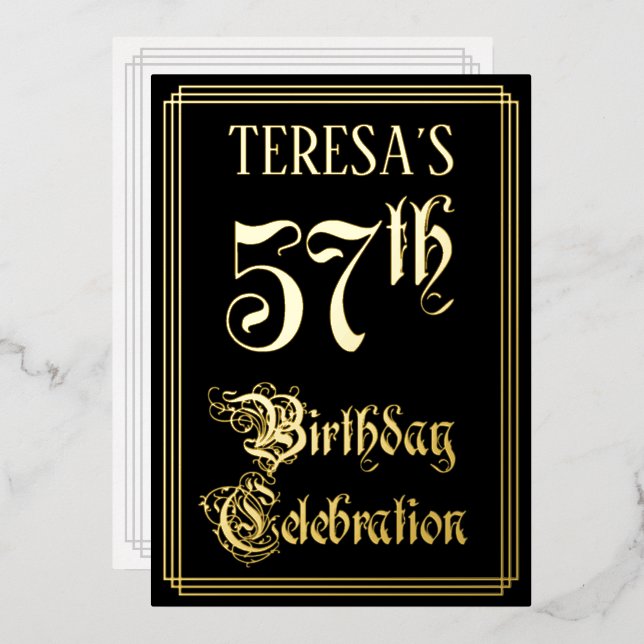 57th Birthday Party — Fancy Script & Custom Name Foil Invitation (Front/Back)