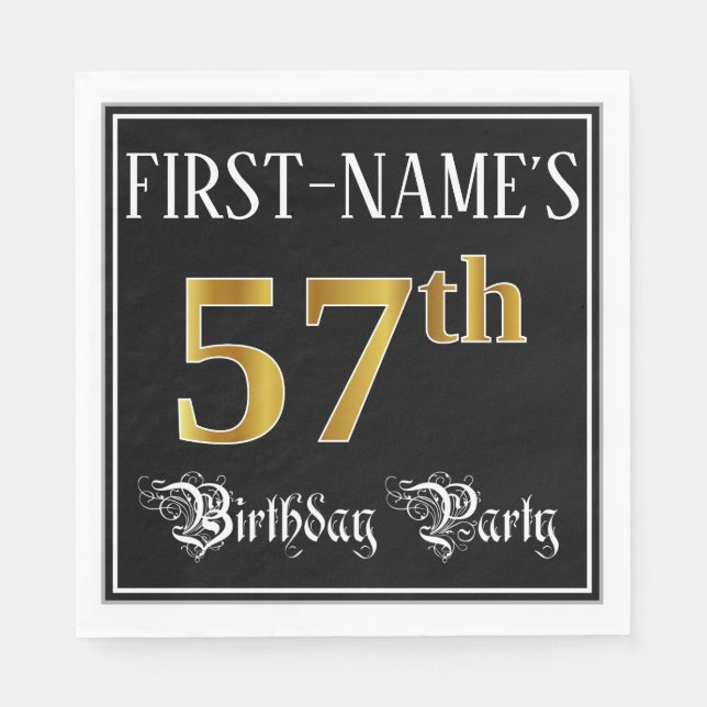 57th Birthday Party — Fancy Script, Faux Gold Look Napkins (Front)