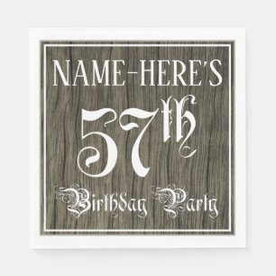 57th Birthday Party — Fancy Script, Faux Wood Look Napkins