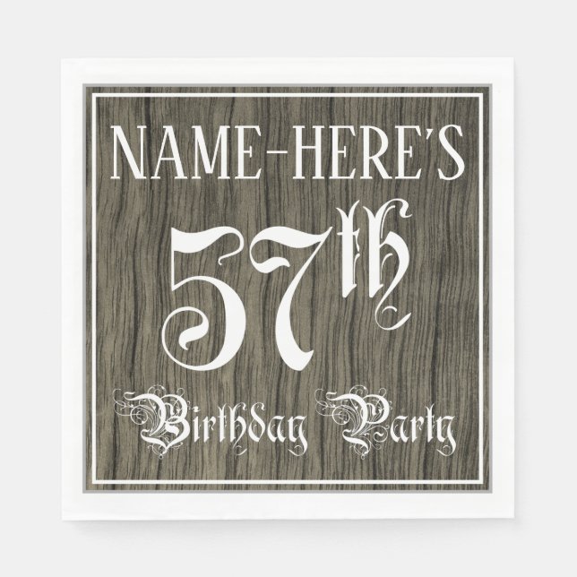 57th Birthday Party — Fancy Script, Faux Wood Look Napkins (Front)