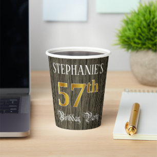 57th Birthday Party — Faux Gold & Faux Wood Looks Paper Cups