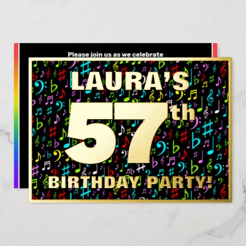 57th Birthday Party  Fun Colorful Music Symbols Foil Invitation