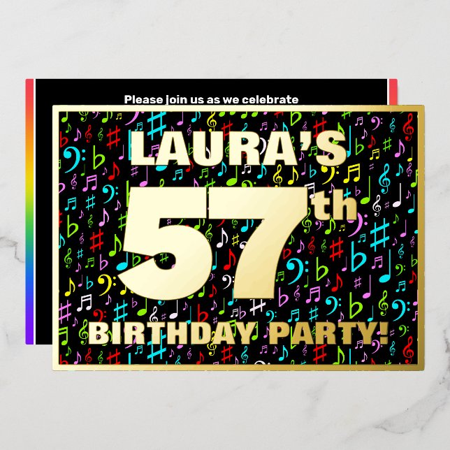 57th Birthday Party — Fun, Colorful Music Symbols Foil Invitation (Front/Back)