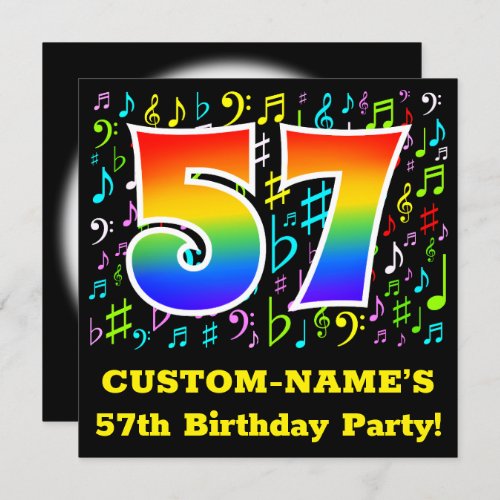 57th Birthday Party Fun Music Symbols Rainbow 57 Invitation