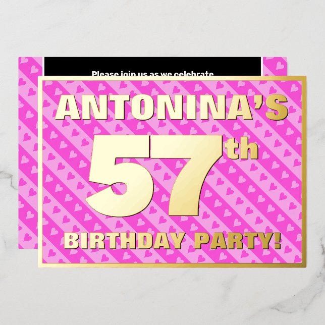 57th Birthday Party — Fun Pink Hearts and Stripes Foil Invitation (Front/Back)