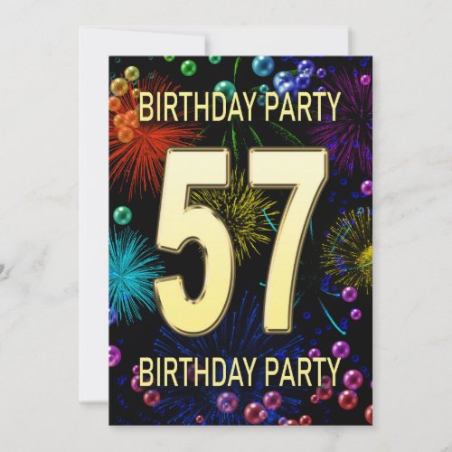 57th Birthday Party Invitation Fireworks Bubbles