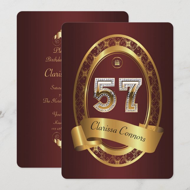57th,birthday party woman man,elegant color invitation (Front/Back)