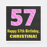 [ Thumbnail: 57th Birthday: Pink Stripes and Hearts "57" + Name Napkins ]