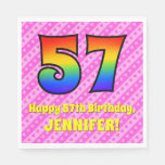 [ Thumbnail: 57th Birthday: Pink Stripes & Hearts, Rainbow # 57 Napkins ]