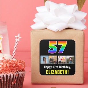 57th Birthday: Rainbow “57”; Custom Photos & Name Square Sticker