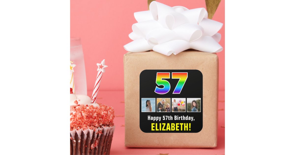 57th Sticker 57th Birthday: Rainbow “57”; Custom Photos & Name Square Sticker | Zazzle