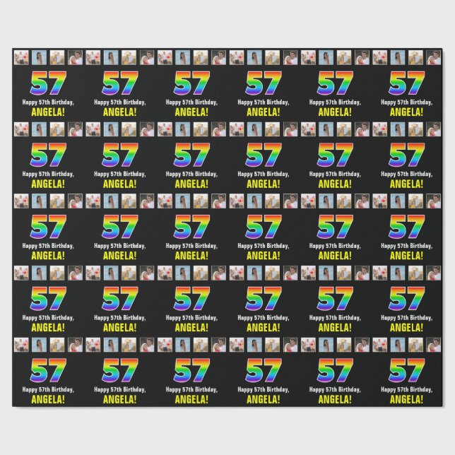 57th Birthday: Rainbow “57“; Custom Photos & Name Wrapping Paper (Seam)