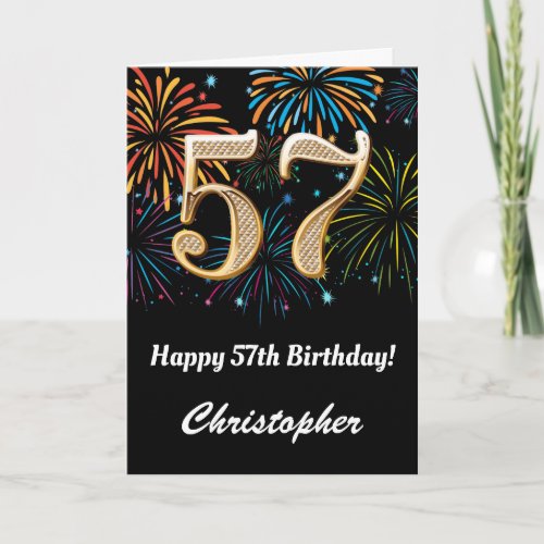 57th Birthday Rainbow Fireworks Black and Gold Card