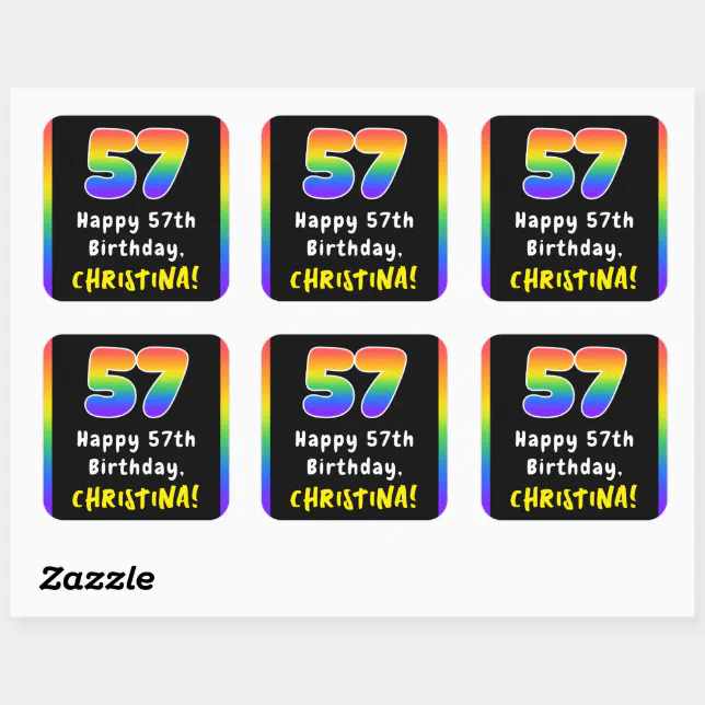 57th Sticker 57th Birthday: Rainbow Spectrum # 57, Custom Name Square Sticker | Zazzle