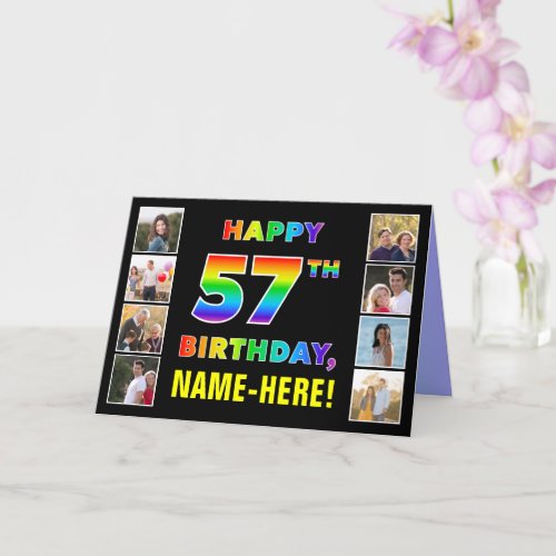 57th Birthday Rainbow Text Custom Photos  Name Card