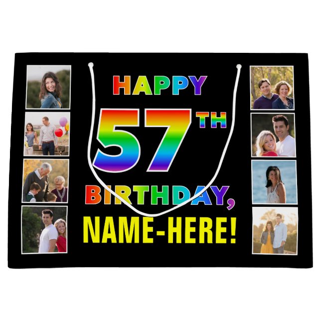 57th Birthday: Rainbow Text, Custom Photos & Name Large Gift Bag (Front)
