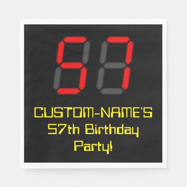 57th Birthday: Red Digital Clock Style "57" + Name Napkins (Front)
