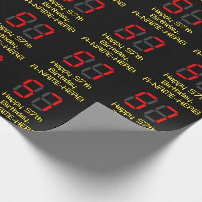 57th Birthday: Red Digital Clock Style "57" + Name Wrapping Paper (Corner)