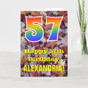 57th Birthday; Rustic Autumn Leaves; Rainbow "57" Card