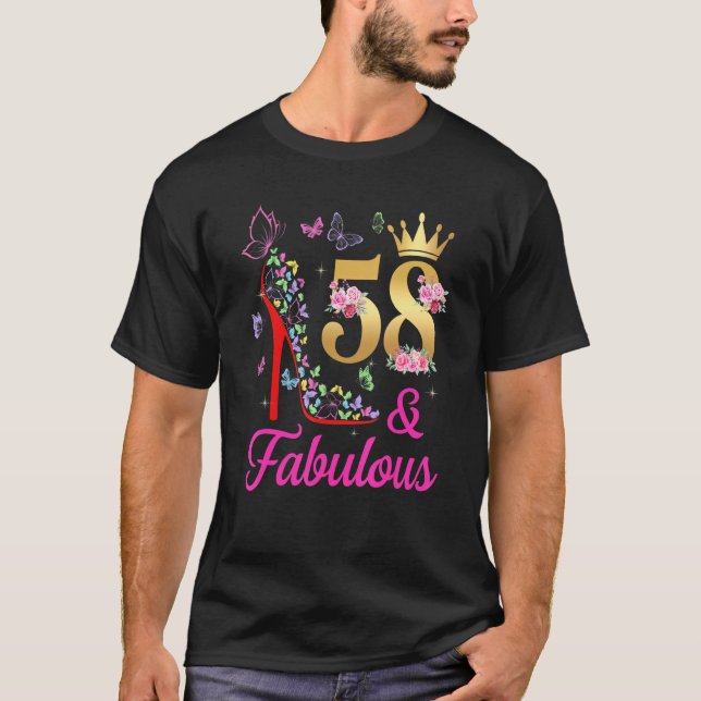58 & Fabulous 58 Years Old 58th Bday Butterflies H T-Shirt (Front)