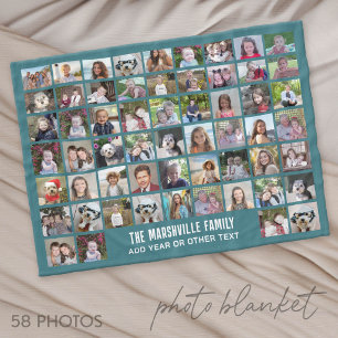 58 Photo Collage Grid with Text - green Fleece Blanket