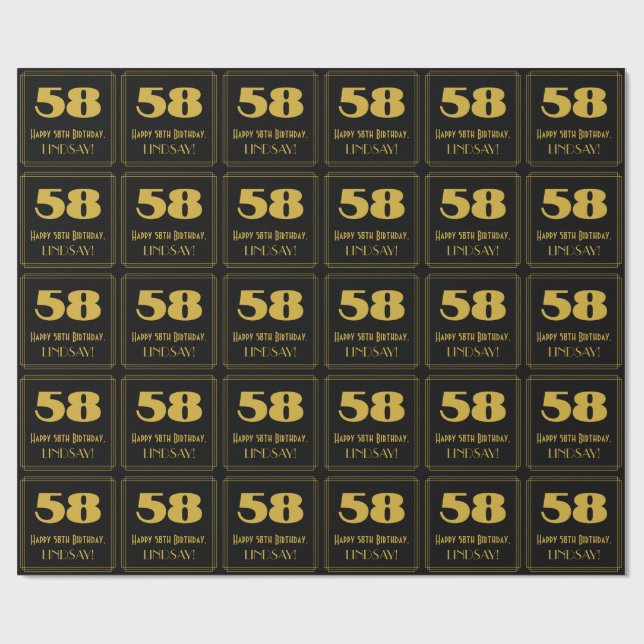 58th Birthday – Art Deco Inspired Look "58" & Name Wrapping Paper (Flat)