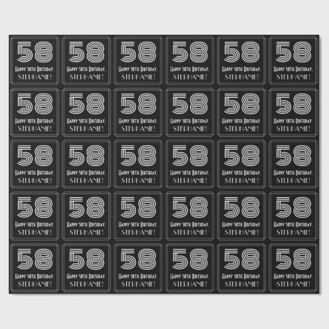 58th Birthday: Art Deco Inspired Look "58" w/ Name Wrapping Paper (Flat)