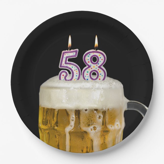 58th Birthday Beer on black Paper Plate (Front)