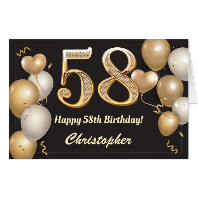 58th Birthday Black and Gold Balloons Extra Large Card (Front Horizontal)