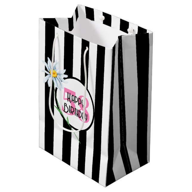 58th Birthday Black And White Stripes Medium Gift Bag (Front Angled)
