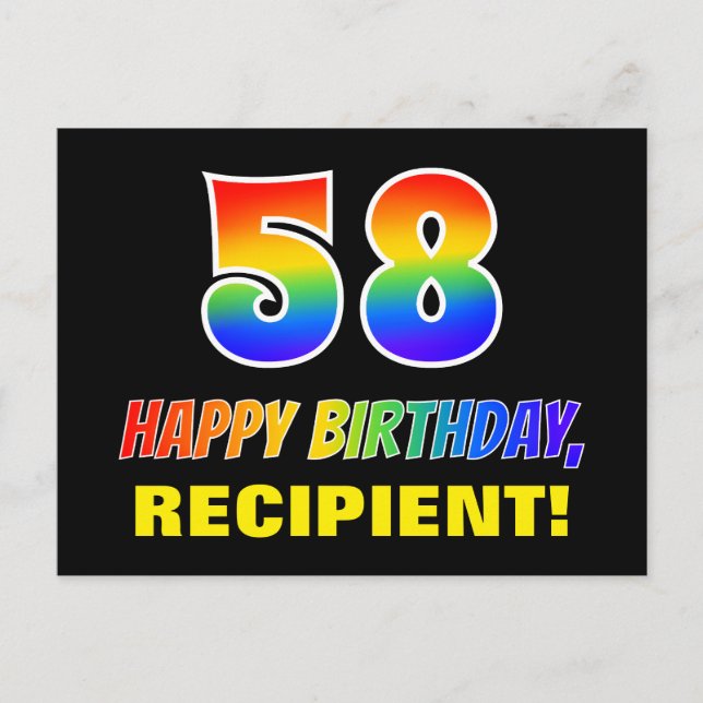 58th Birthday: Bold, Fun, Simple, Rainbow 58 Postcard (Front)