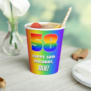 58th Birthday: Colorful, Fun Rainbow Pattern # 58 Paper Cups