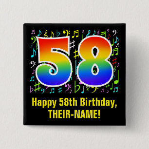 58th Birthday: Colorful Music Symbols, Rainbow 58 Button