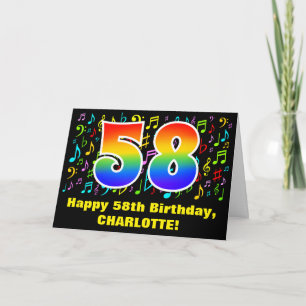 58th Birthday: Colorful Music Symbols & Rainbow 58 Card