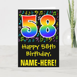 58th Birthday: Colorful Music Symbols + Rainbow 58 Card