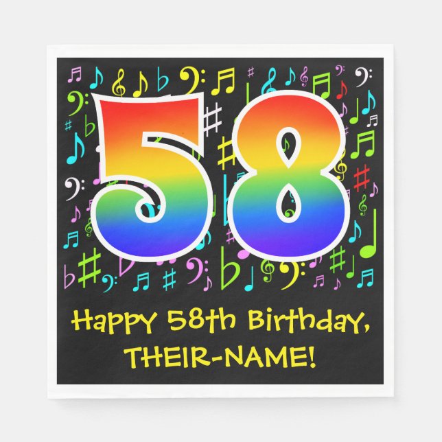 58th Birthday - Colorful Music Symbols, Rainbow 58 Napkins (Front)