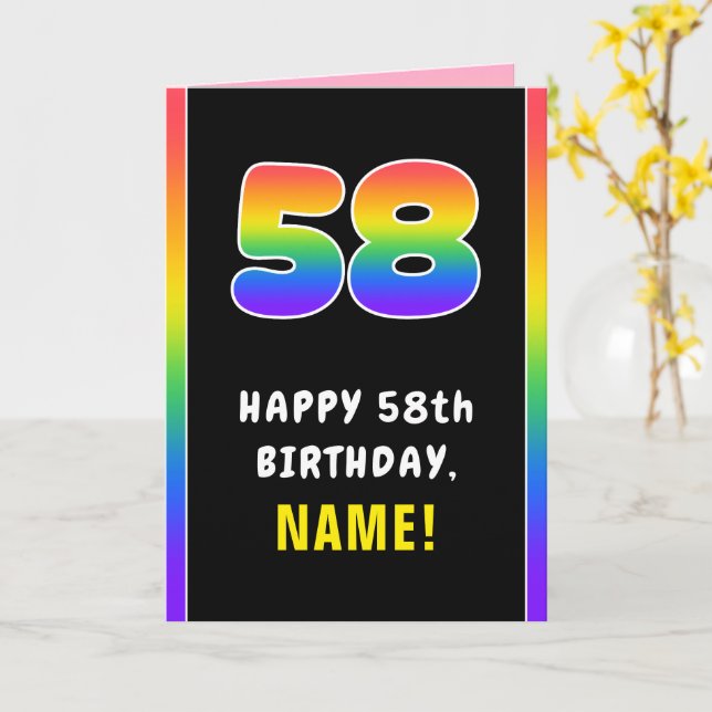58th Birthday: Colorful Rainbow # 58, Custom Name Card (Yellow Flower)