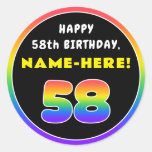 [ Thumbnail: 58th Birthday: Colorful Rainbow # 58, Custom Name Round Sticker ]