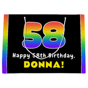 58th Birthday: Colorful Rainbow # 58, Custom Name Large Gift Bag