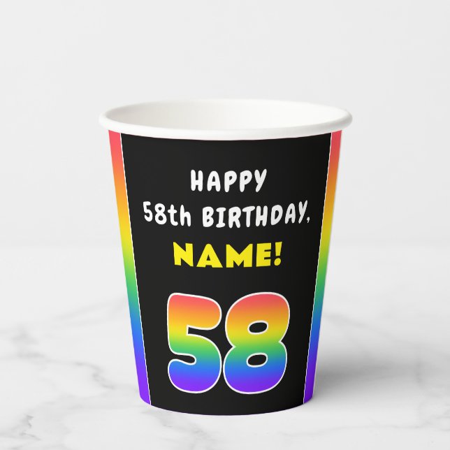 58th Birthday: Colorful Rainbow # 58, Custom Name Paper Cups (Back)