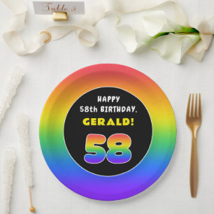 58th Birthday: Colorful Rainbow # 58, Custom Name Paper Plates